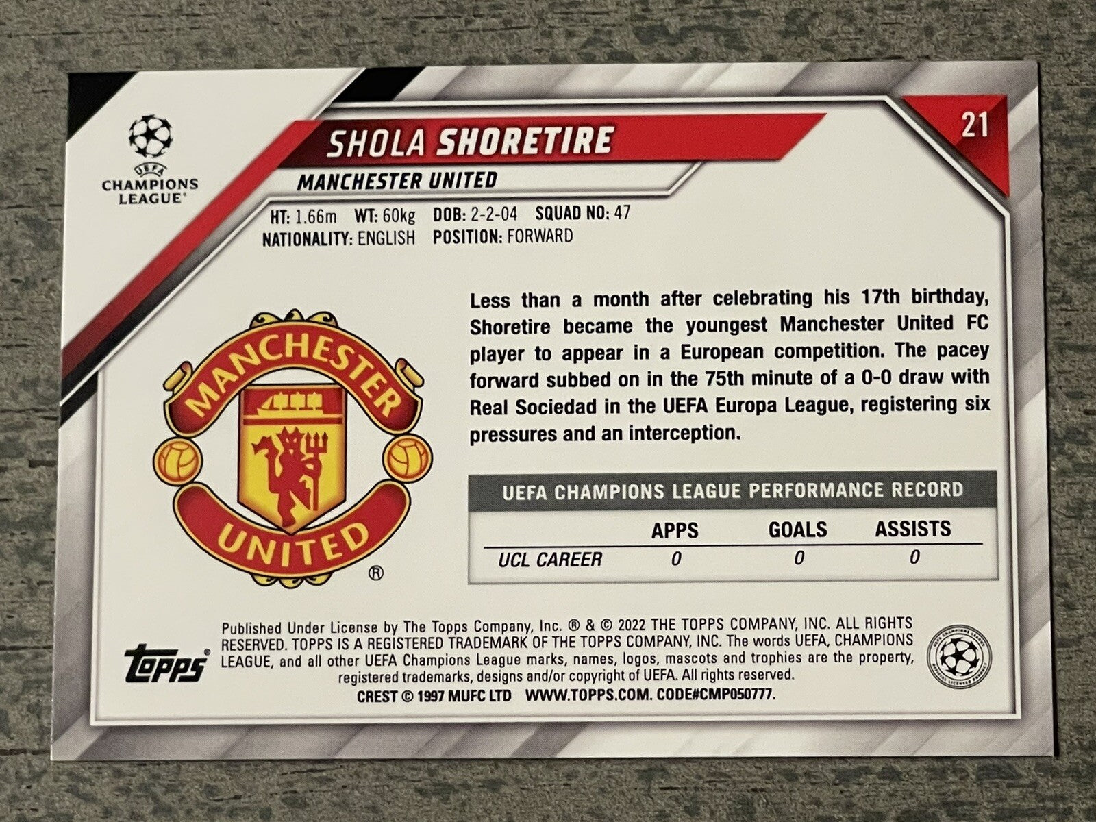 Shola Shoretire 2021/22 Topps UEFA Champions League RC #21 Manchester United