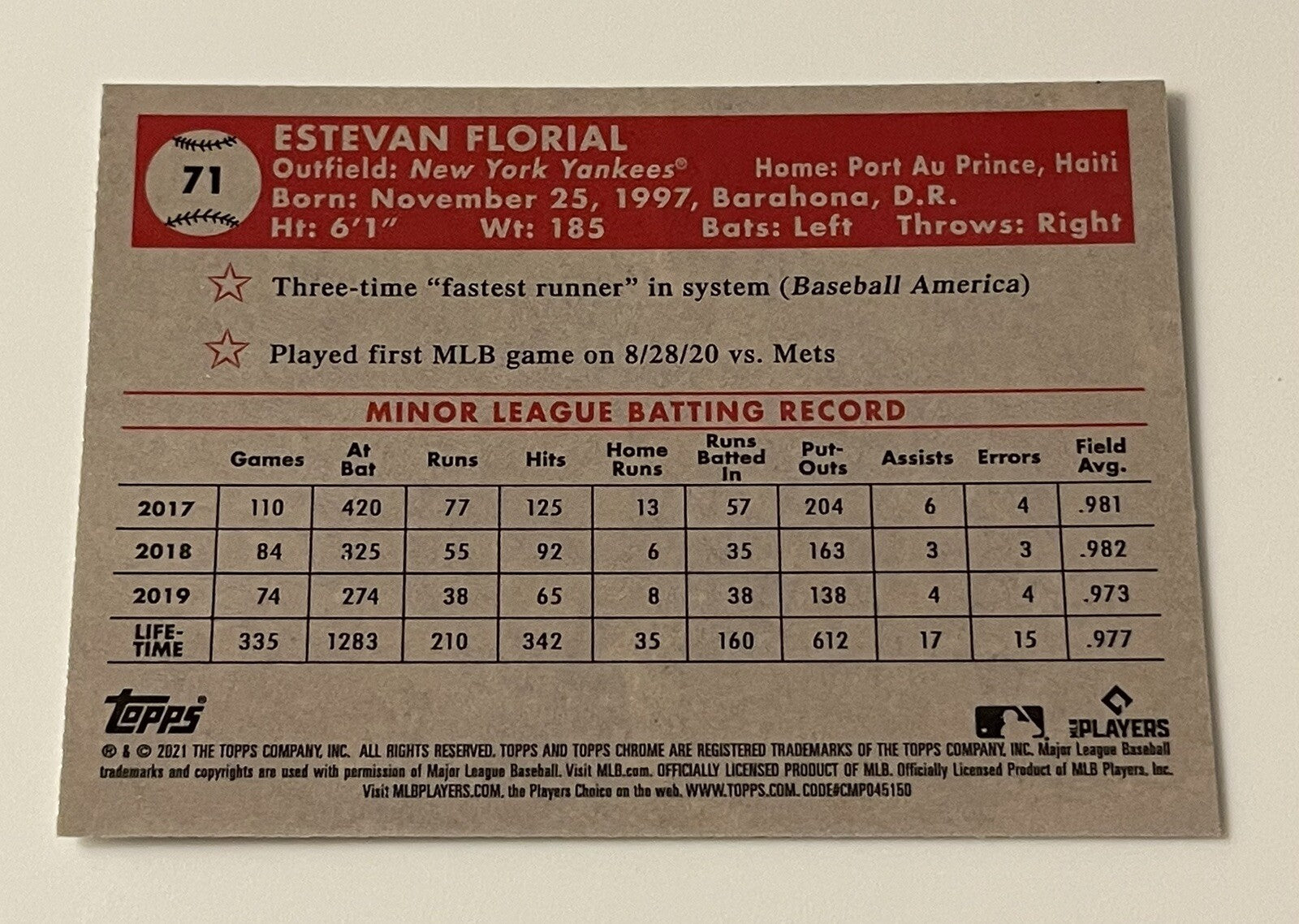 ESTEVAN FLORIAL RC 2021 Topps Chrome Platinum Anniversary Card #71 MLB Yankees