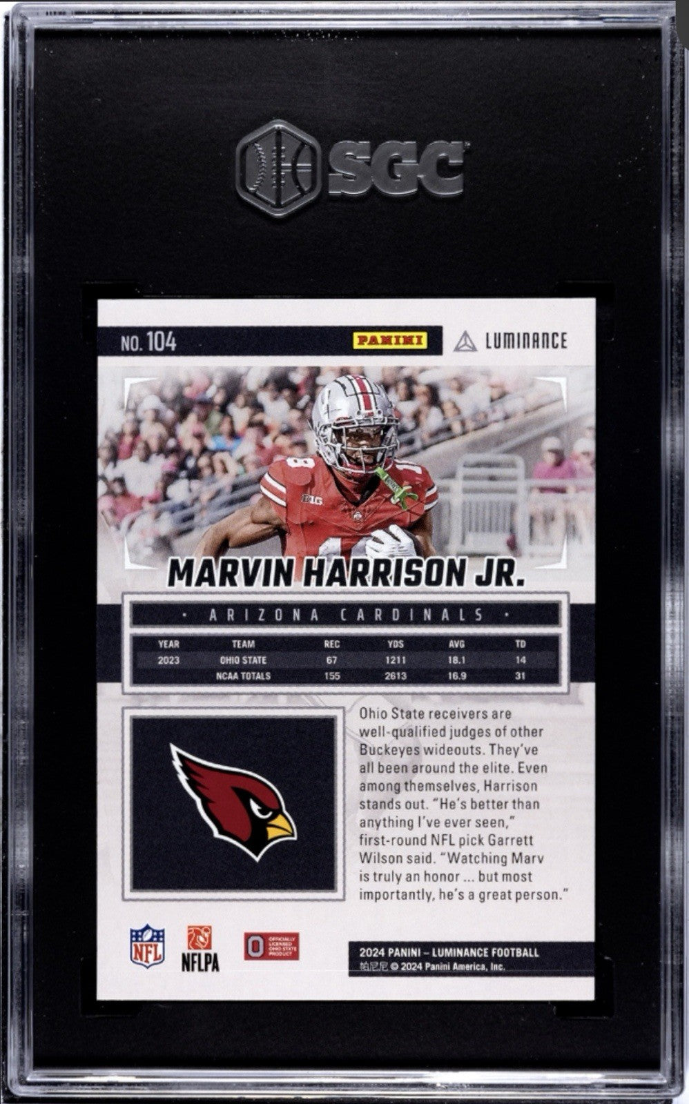2024 Panini Luminance - Rookies Marvin Harrison Jr. RC NFL Cardinals #104 SGC 10