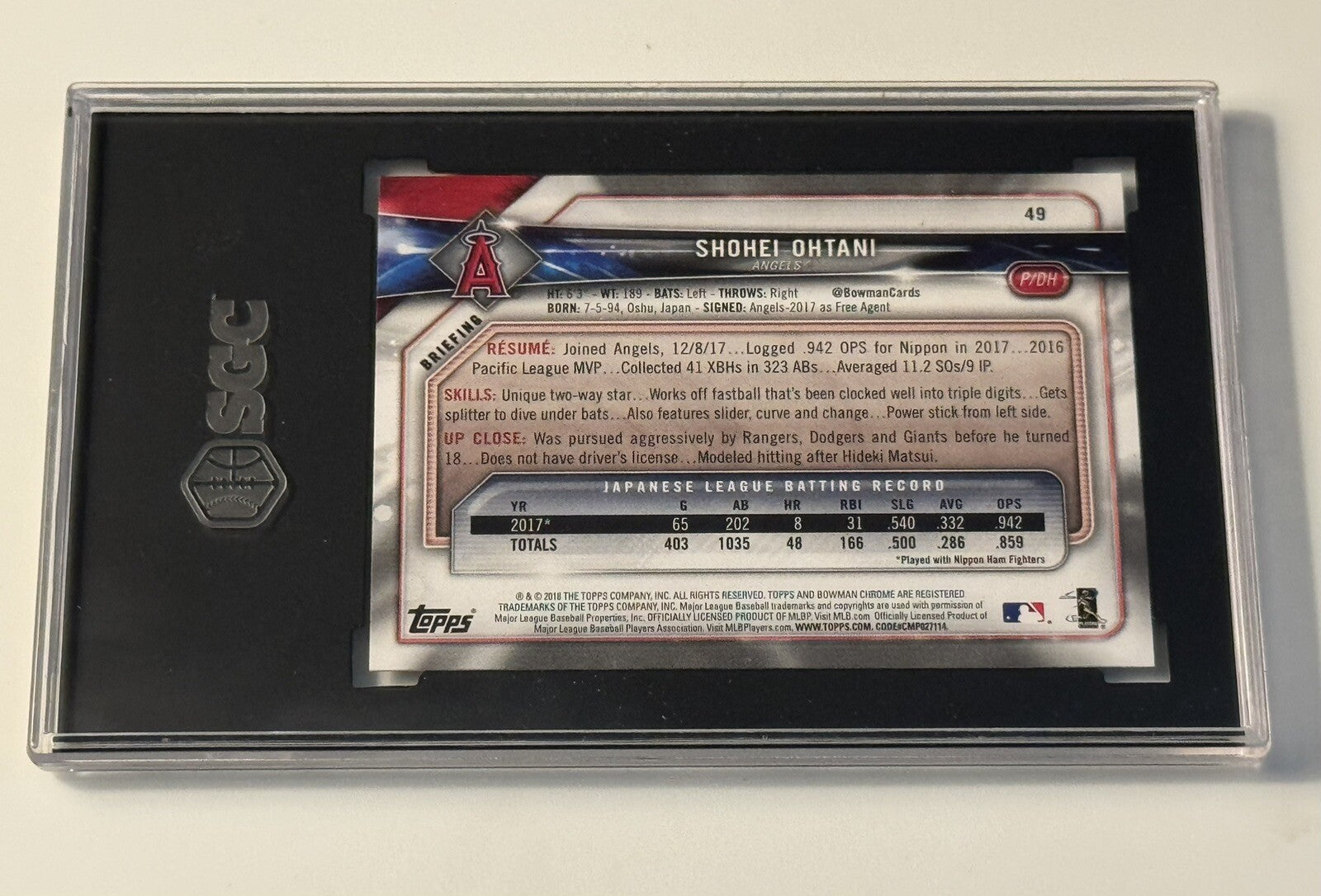 SGC 9.5 2018 Bowman Shohei Ohtani RC LA Angels Pitching Rookie Card #49 GEM MINT