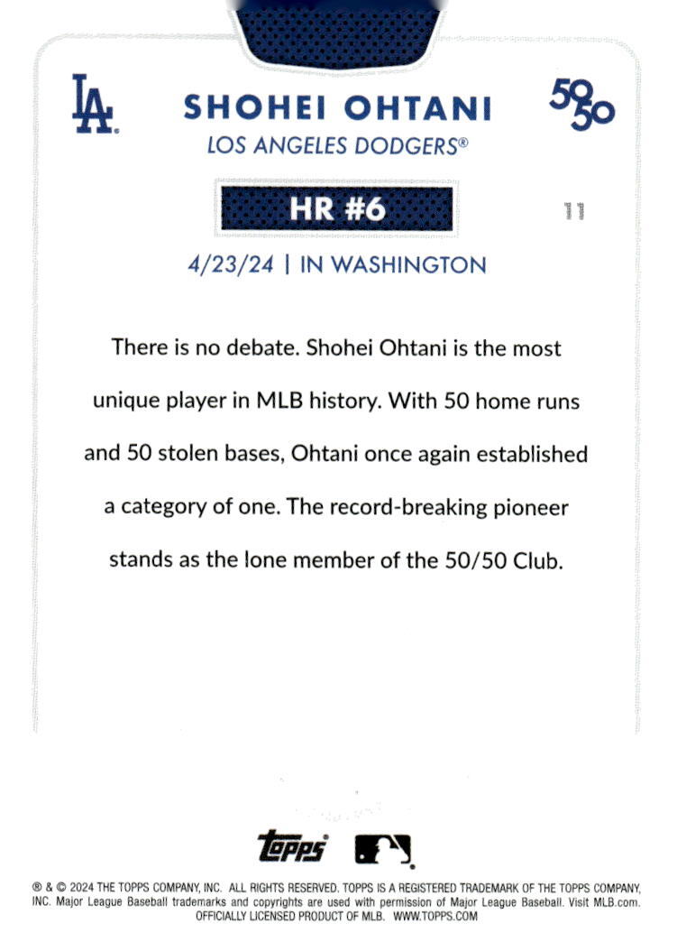 50/50* LIMITED EDITION! Shohei Ohtani MLB LA Dodgers 2024 TOPPS NOW Season #HR 6