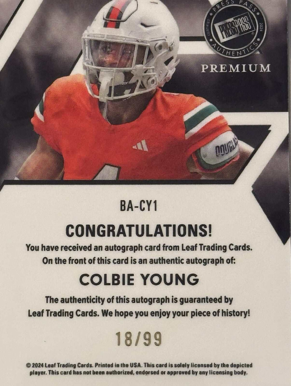 2024 Leaf Press Pass Premium Colby Young RC football card with autograph and serial number 18/99