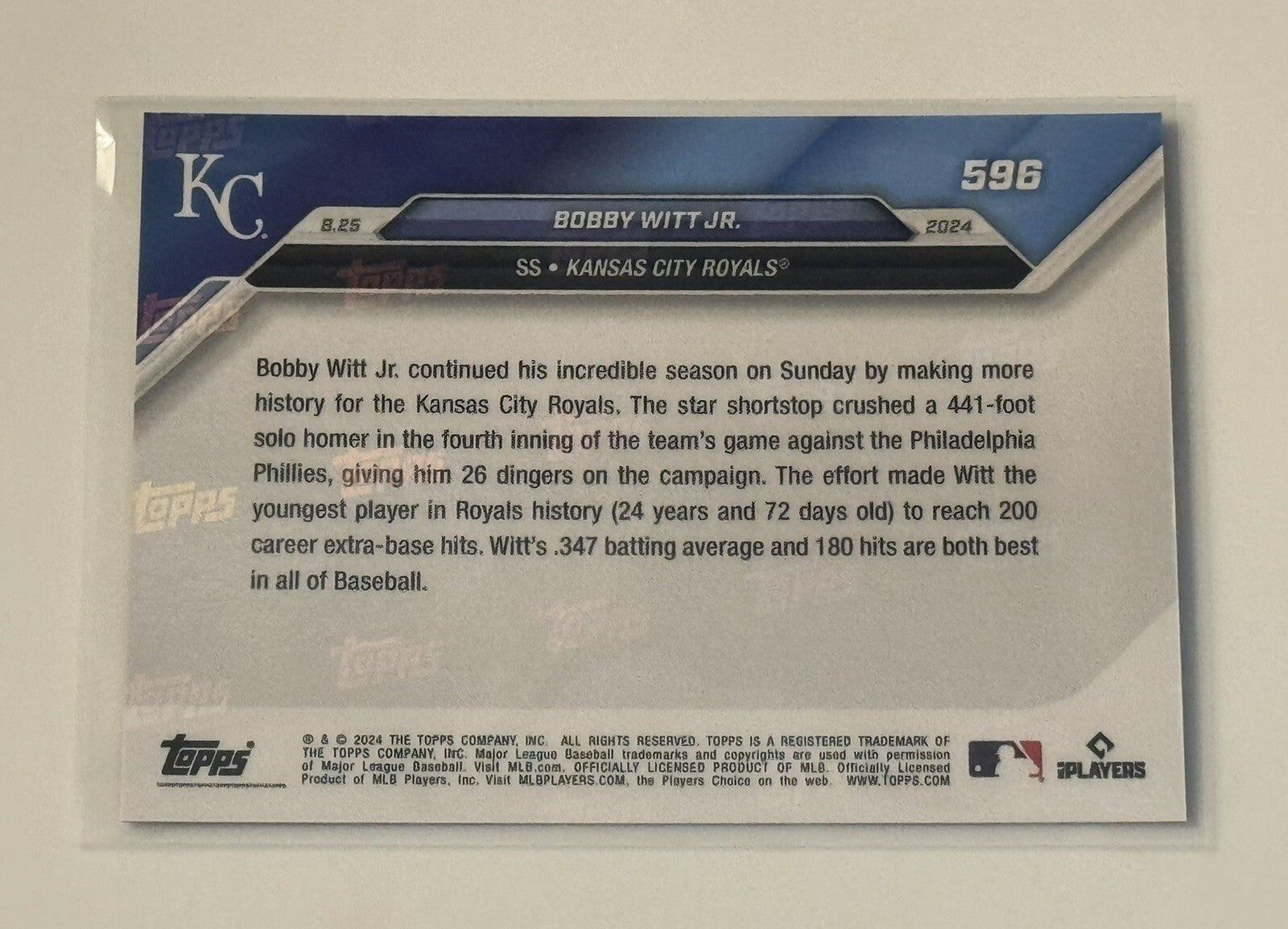 Bobby Witt Jr. Limited Run - 2024 Topps Now MLB Royals 200 XBHs History Card 596