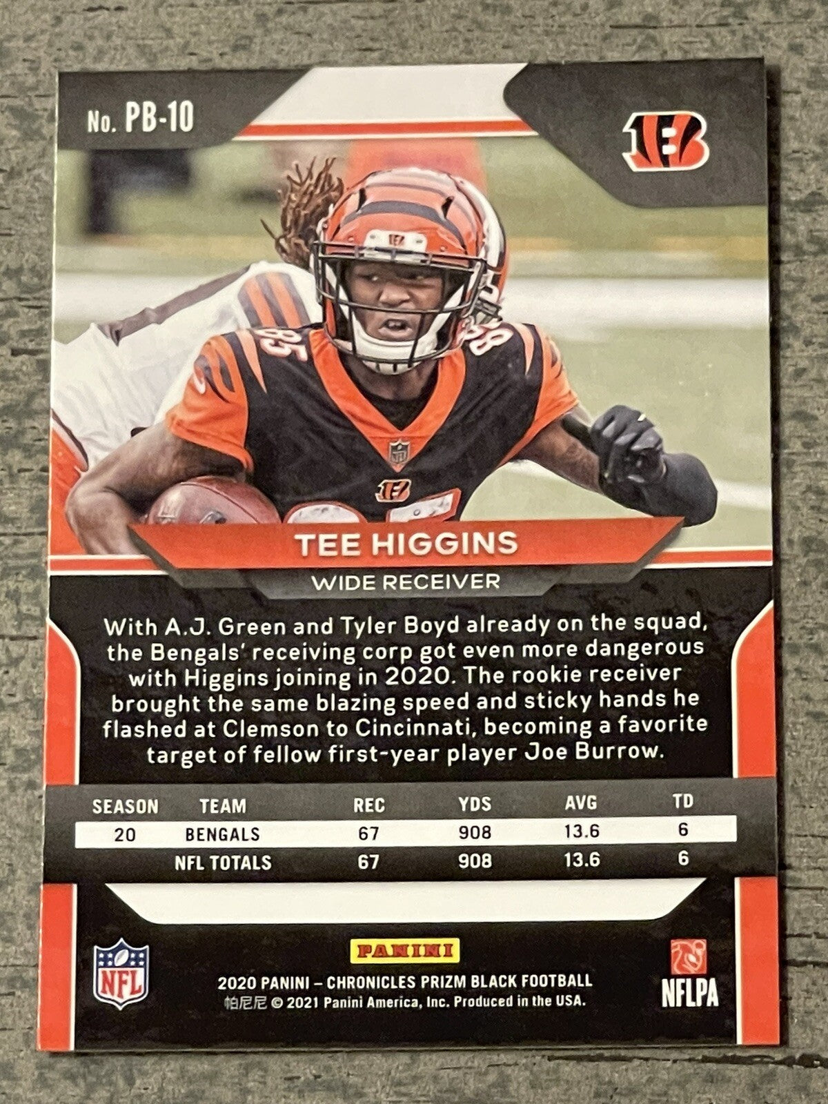 2020 Panini Chronicles Prizm Black: Tee Higgins RC (#PB-10) Silver Prizm