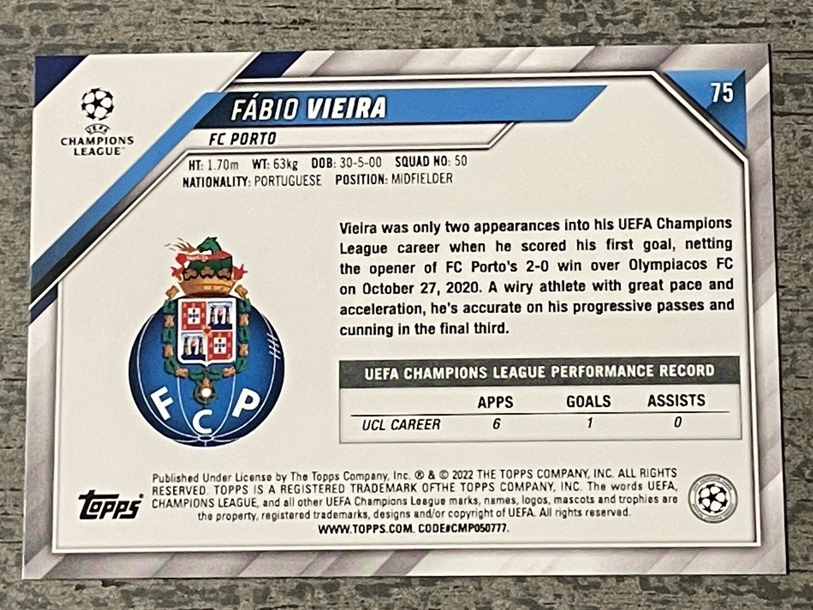2021-2022 Topps UEFA Champions League Soccer Fabio Vieira # 75 FC PORTO MINT!