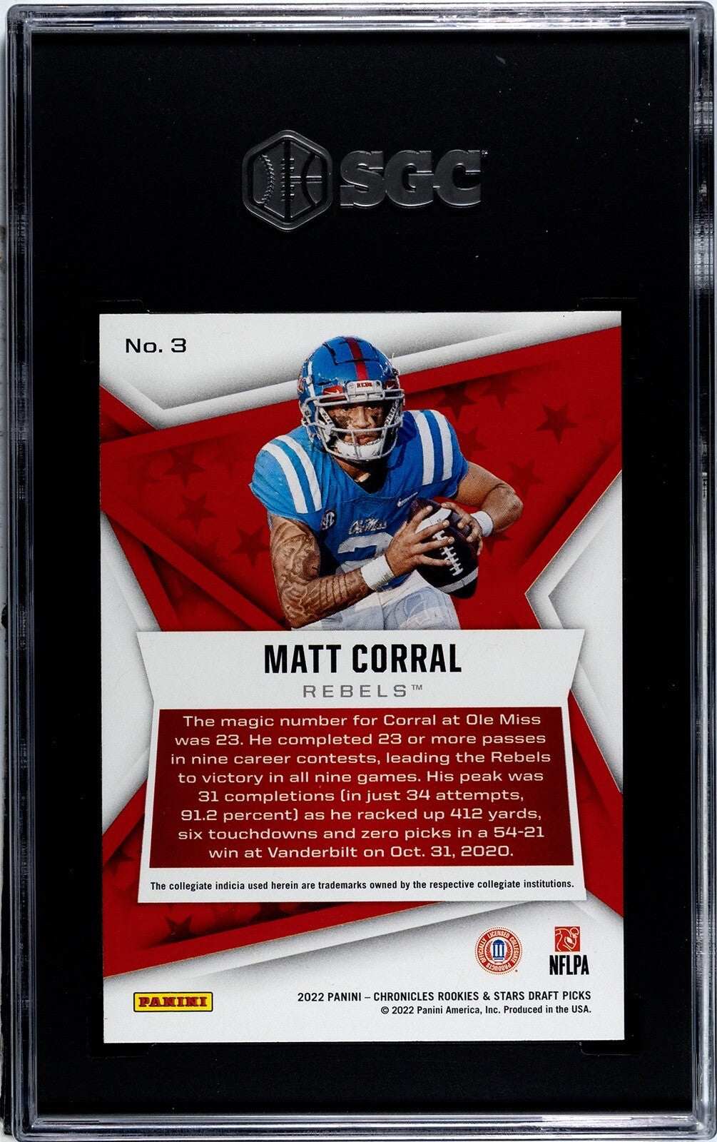 2022 Panini Chronicles Matt Corral rookie card SGC 9.5 NFL football trading card