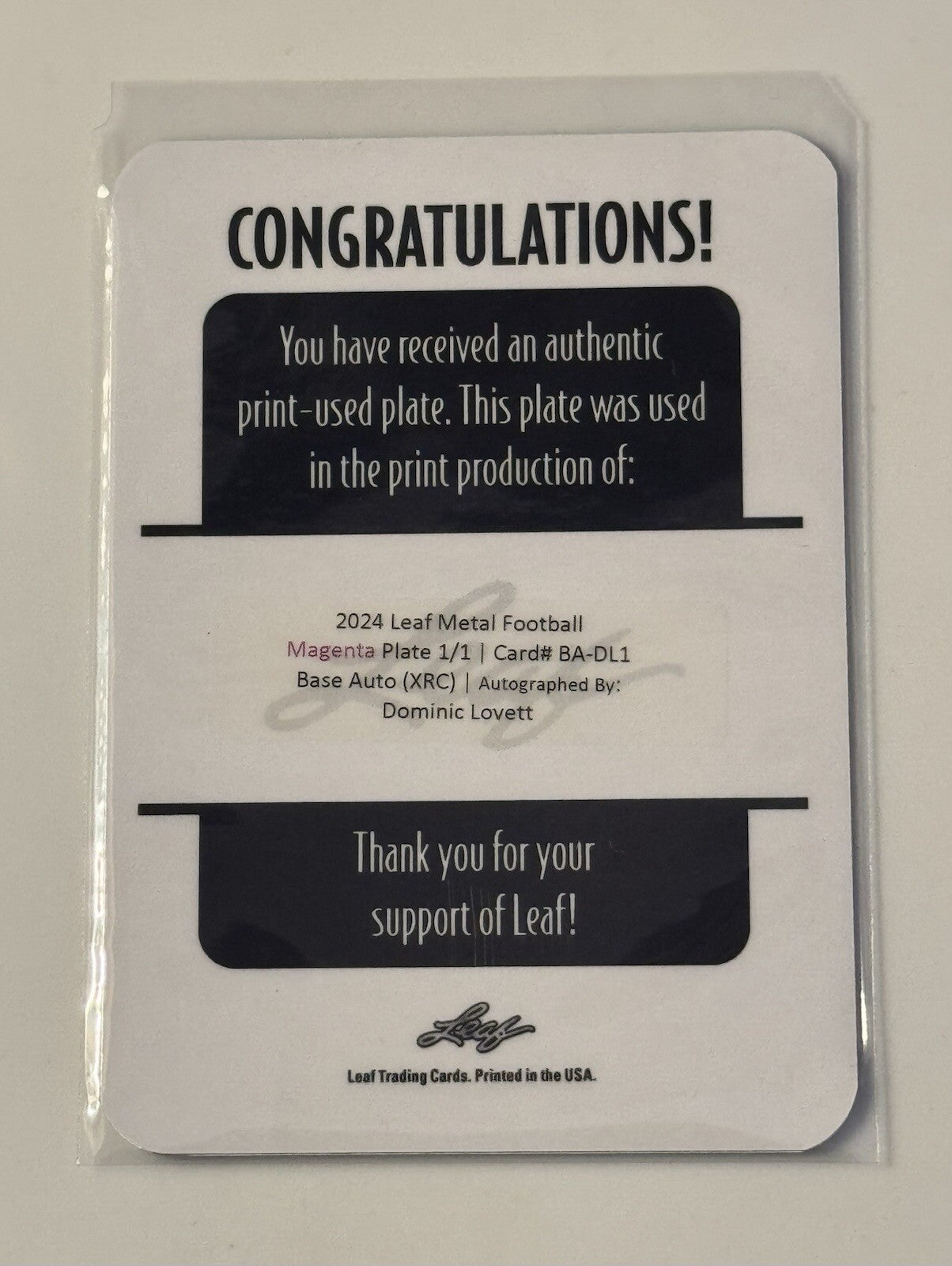 1/1 Limited Editon! DOMINIC LOVETT RC Auto UGA 2024 LEAF METAL XRC - PRINT PLATE