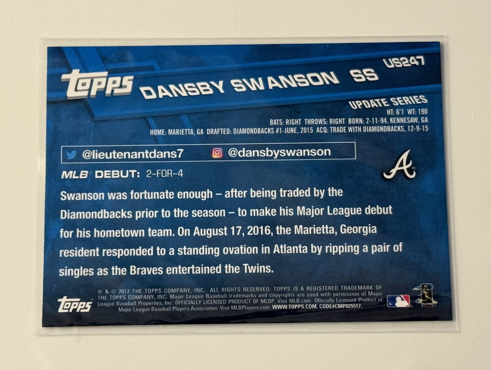 Dansby Swanson RC* 2017 Topps Update Series MLB Braves/Cubs - Rookie Card #US247