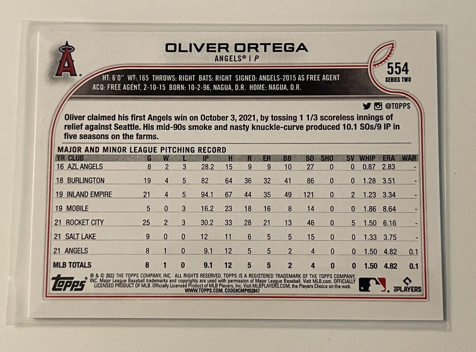 2022 Topps Series 2 Oliver Ortega RC - MLB Rookie - Los Angeles Angels Card #554