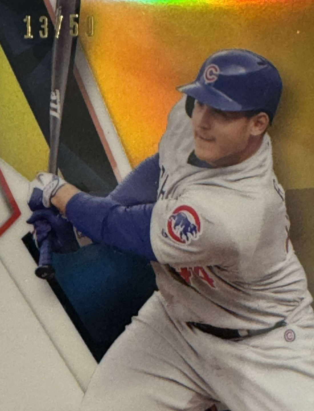 Anthony Rizzo 2018 Topps Finest Chrome Refractor baseball card numbered 13/50 featuring Chicago Cubs player in action