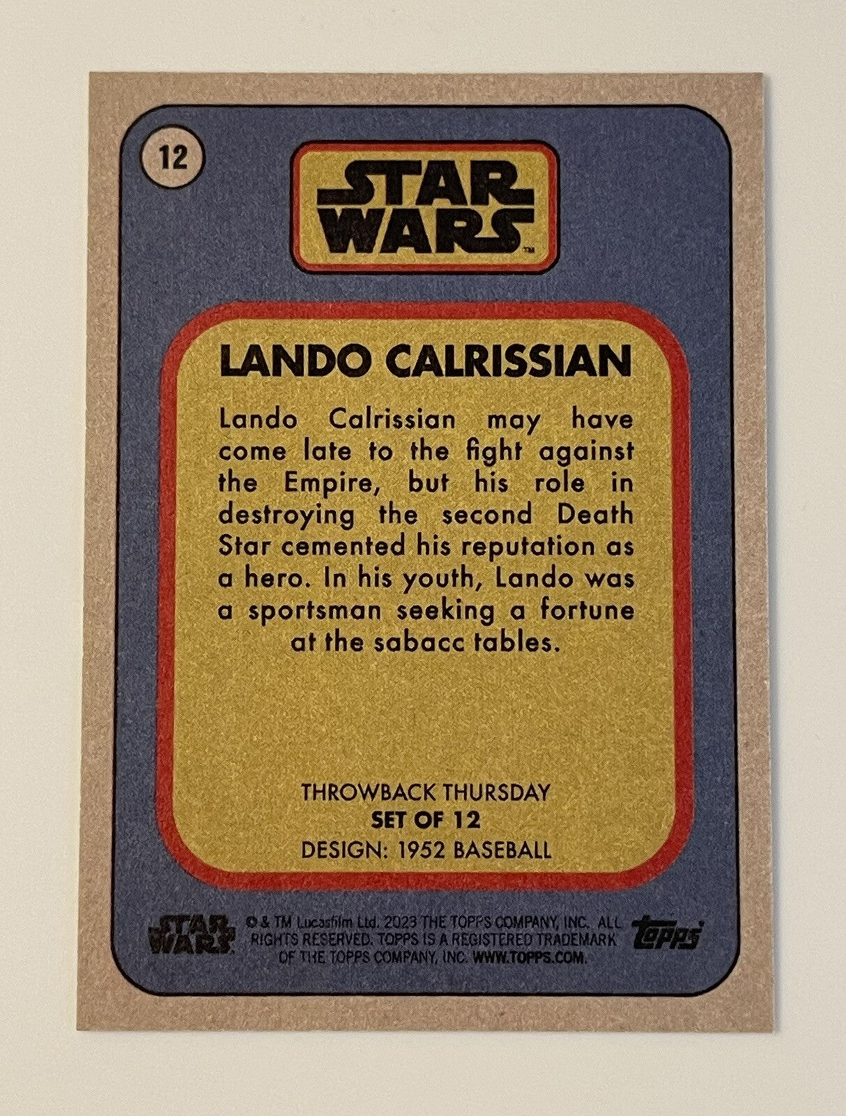 Lando Calrissian 2023 Topps 1952 TBT Star Wars CARD #12 Topps Throwback Thursday