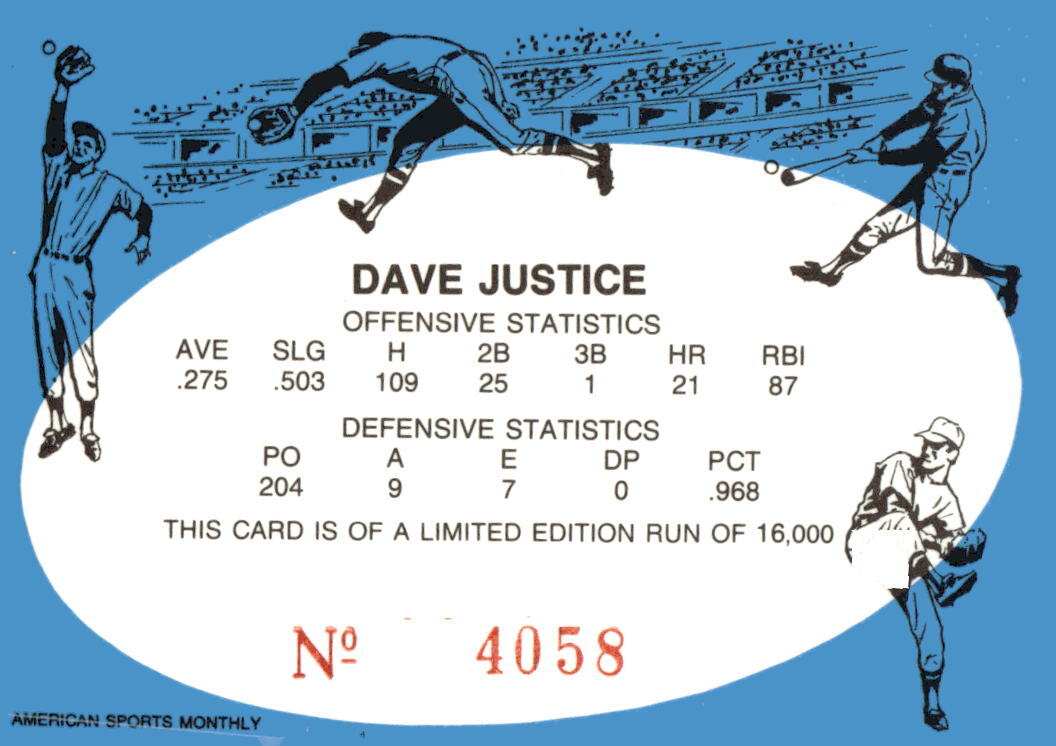 1992 American Sports Monthly baseball card of Dave Justice #23 Atlanta Braves unlicensed edition