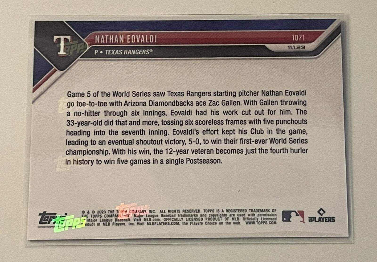 2023 MLB TOPPS NOW  Blue World Series  40/49 NATHAN EOVALDI - Card #1071 Rangers