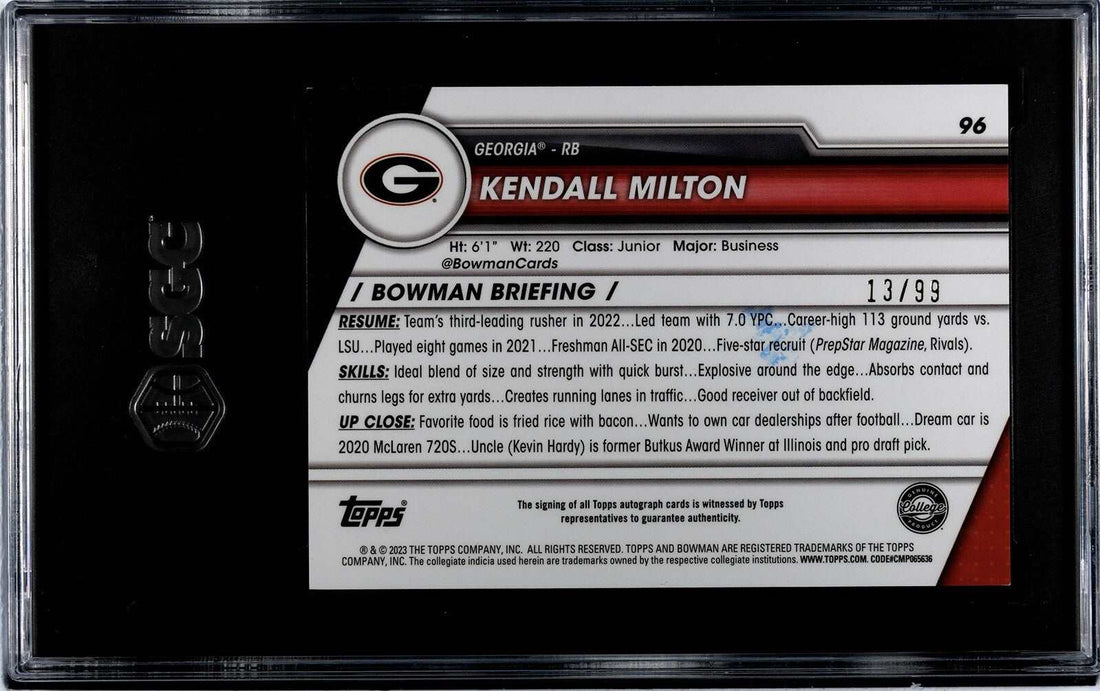 2023 Bowman Chrome Kendall Milton Green Refractor Rookie Auto Card SGC 8.5