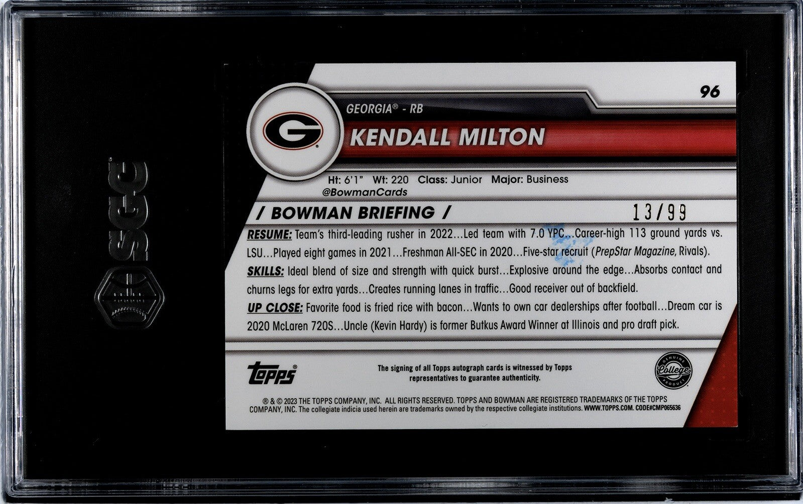 2023 Bowman Chrome U Kendall Milton 13/99 Green Auto RC UGA Refractor - SGC 8.5*