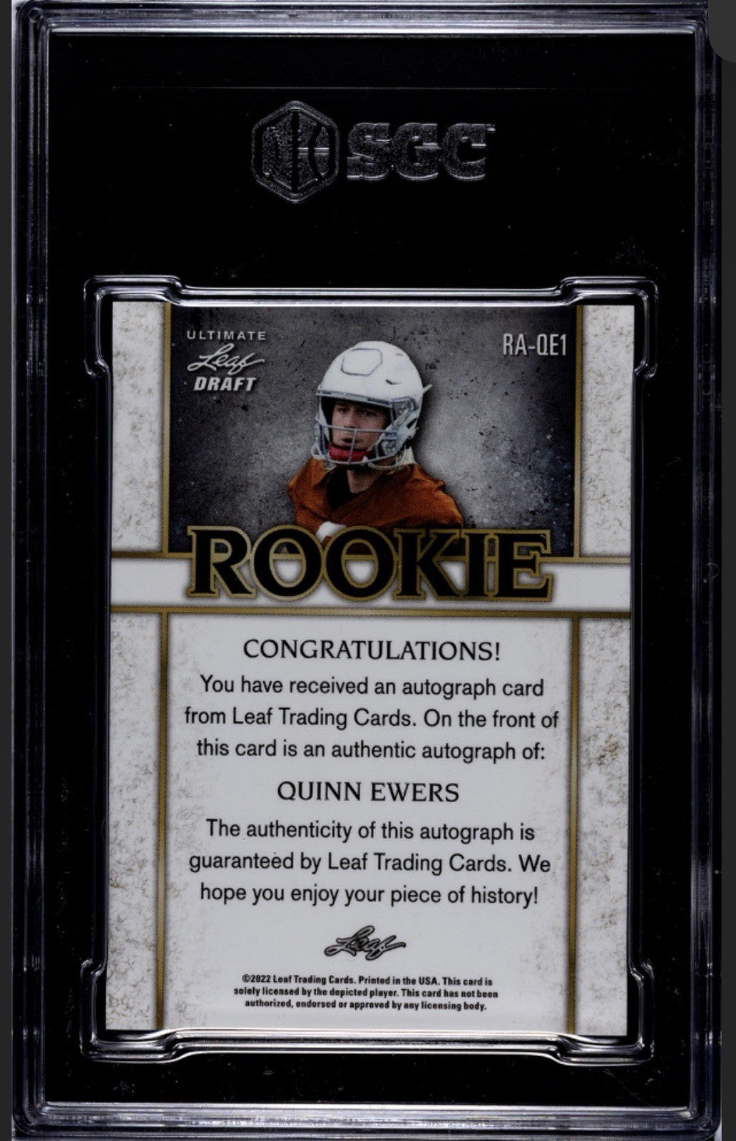 5/50* 2022 Leaf Ultimate Draft TEXAS QUINN EWERS RC Auto Navy SSP #RA-QE1 SGC 9