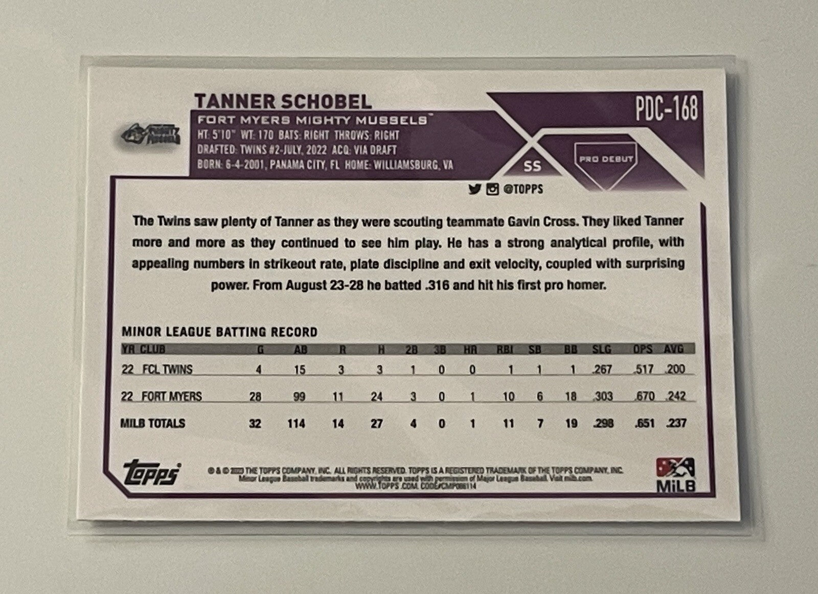 2023 Topps Pro Debut Chrome Tanner Schobel RC PDC-168 Rookie Fort Myers Mussels*