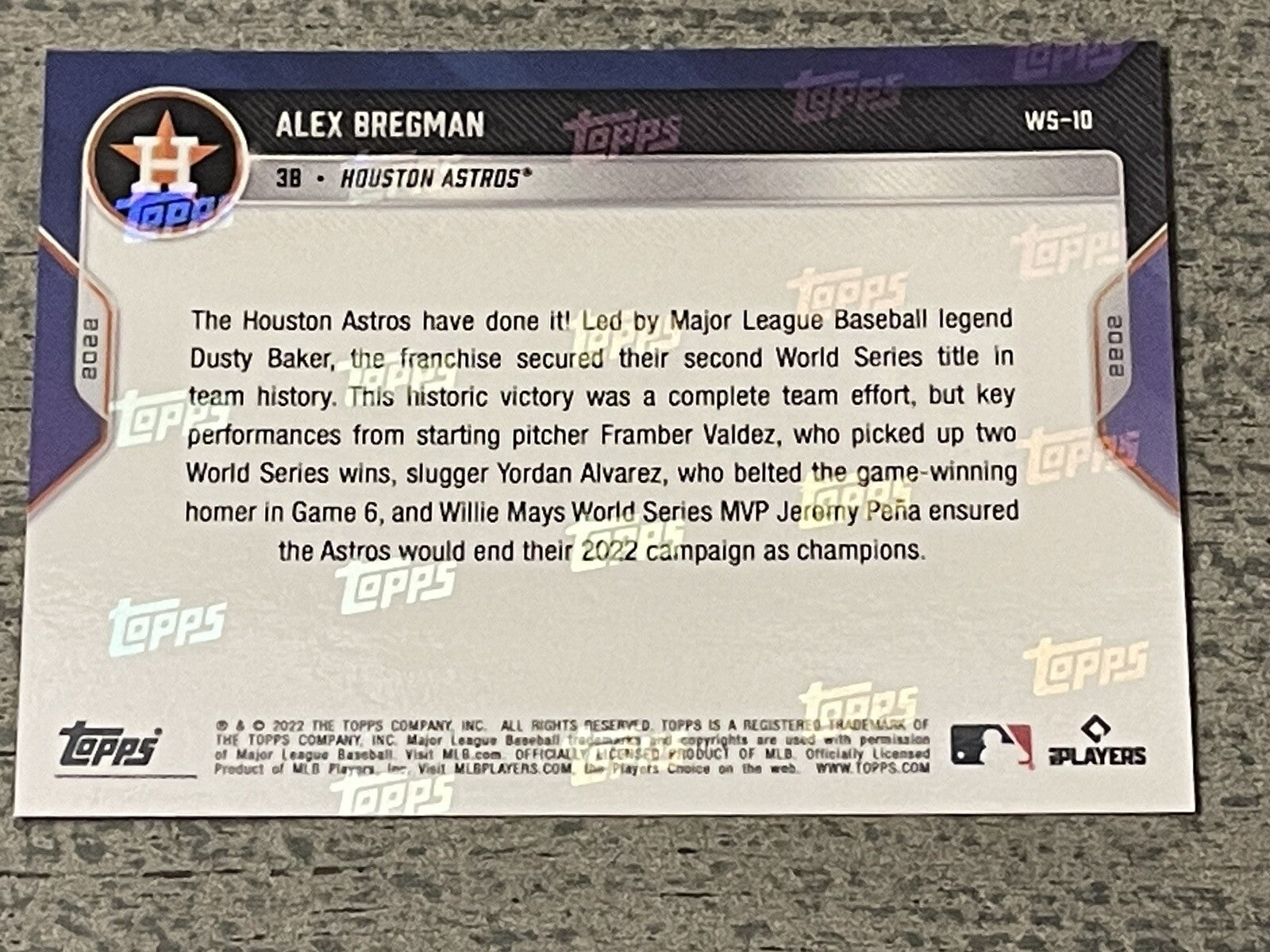 2022 Topps Now - Alex Bergman- World Series Champions Set Card - WS-10 MINT!