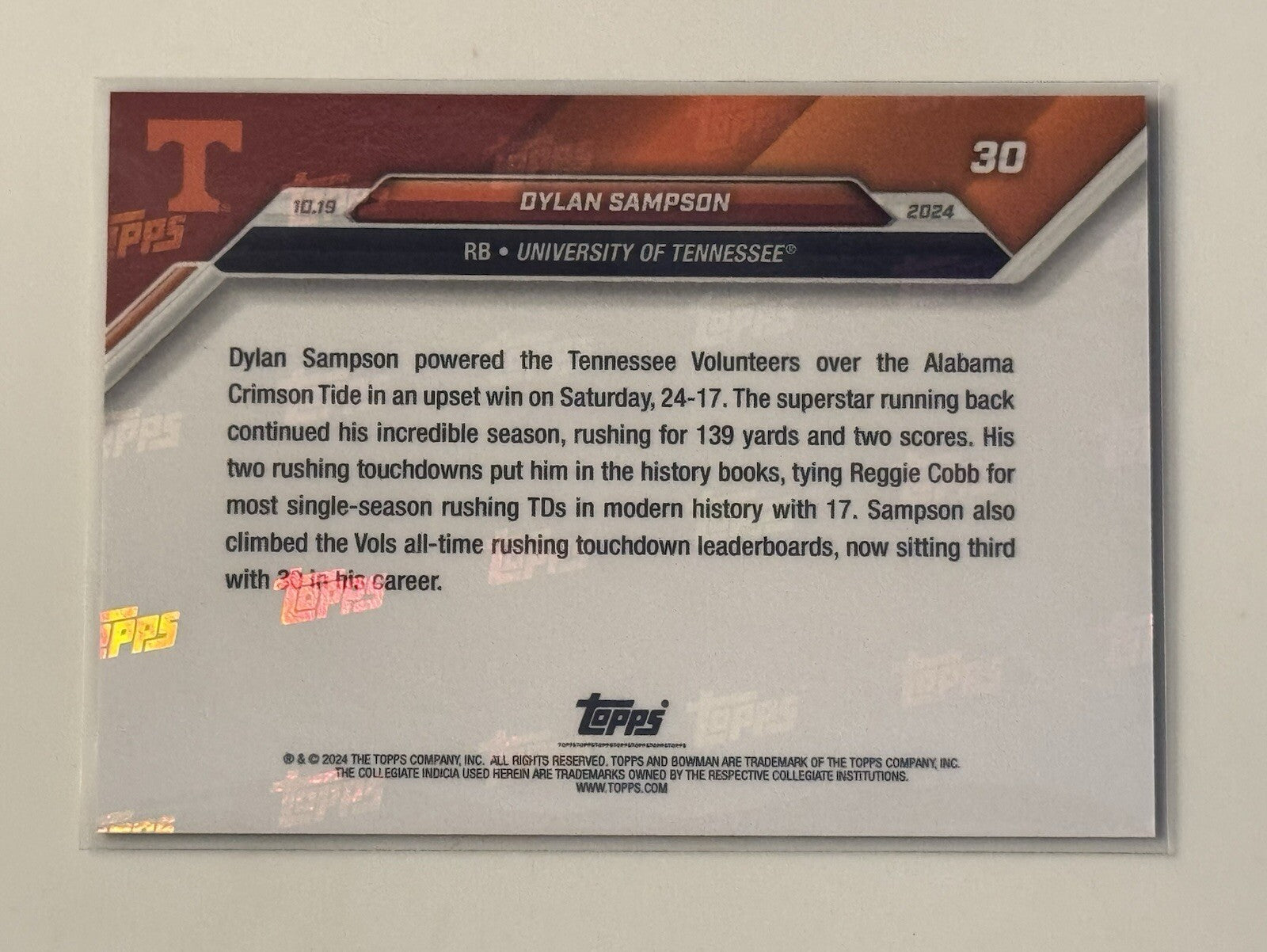 6/10* Dylan Sampson RC Ties Vols TD Record 2024 Bowman U Now Football #30 READY!