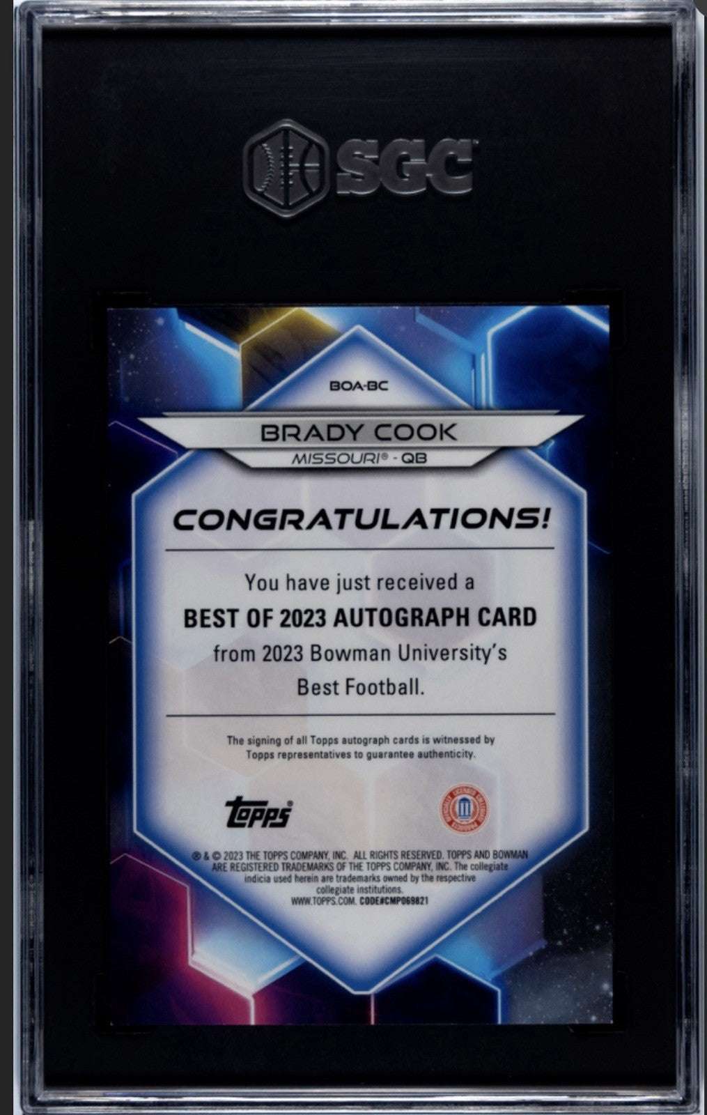 2023 Bowman U Best Brady Cook RC Auto Orange Refractor football card SGC 9 graded