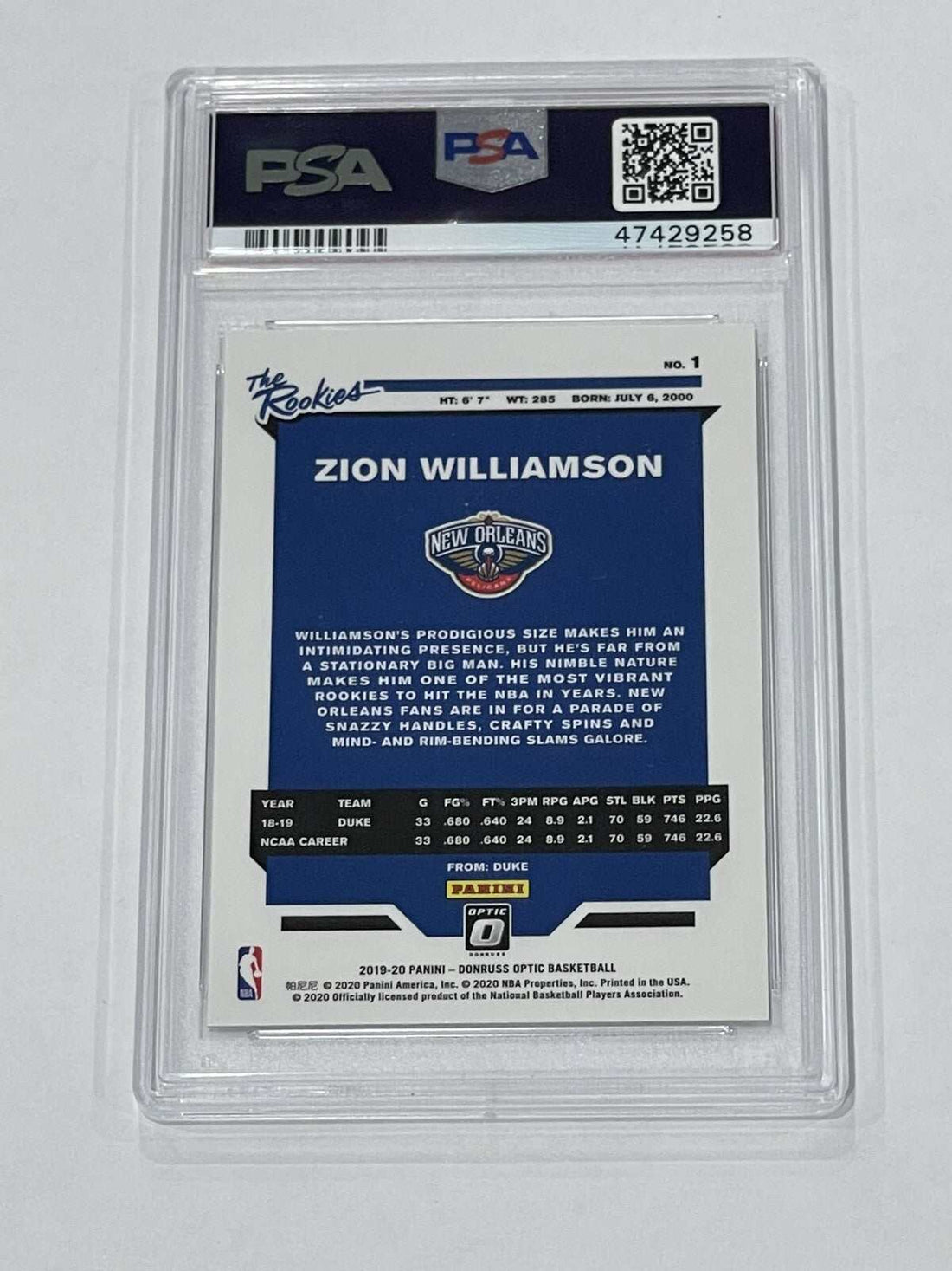 2019 Panini Donruss Optic Zion Williamson rookie card PSA 10 GEM basketball trading card
