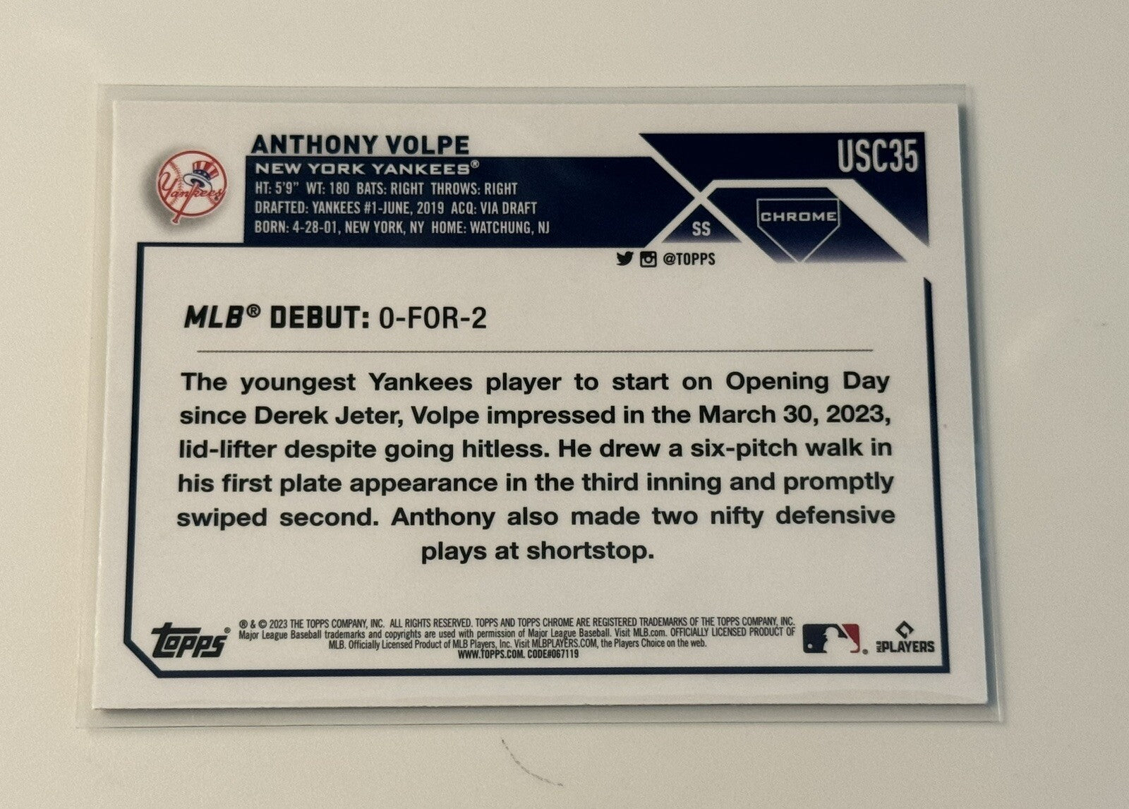 2023 Topps Chrome Update Anthony Volpe RC Yankees Rookie Debut Refractor #USC35*