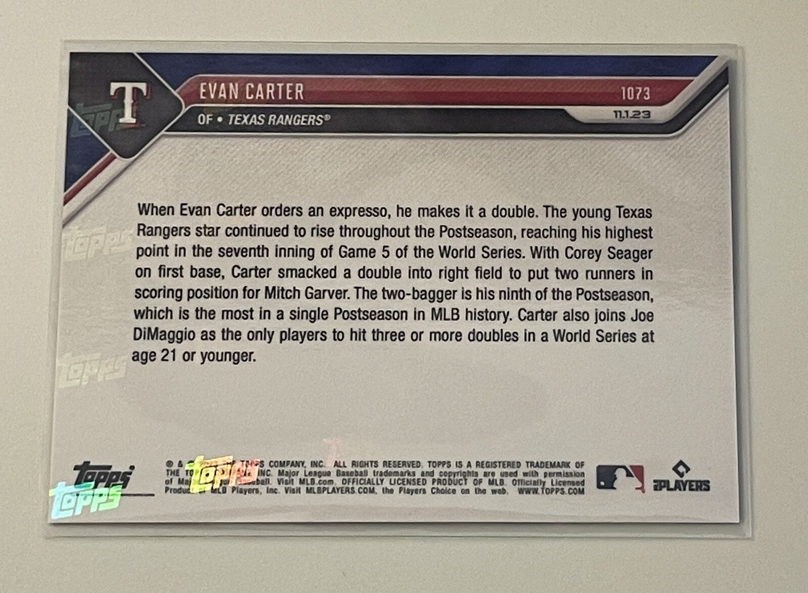 2023 MLB Topps Now Evan Carter CALL-UP Texas Rangers #1073 - World Series Champs