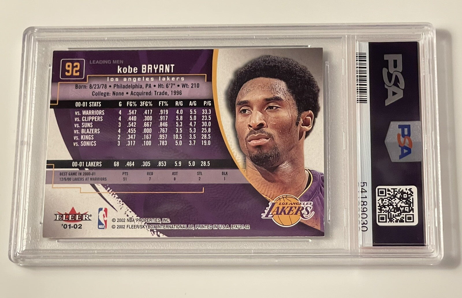 2001-02 FLEER E-X - Kobe Bryant - #92 - NBA LOS ANGELES LAKERS,* - HOF* - PSA 9*