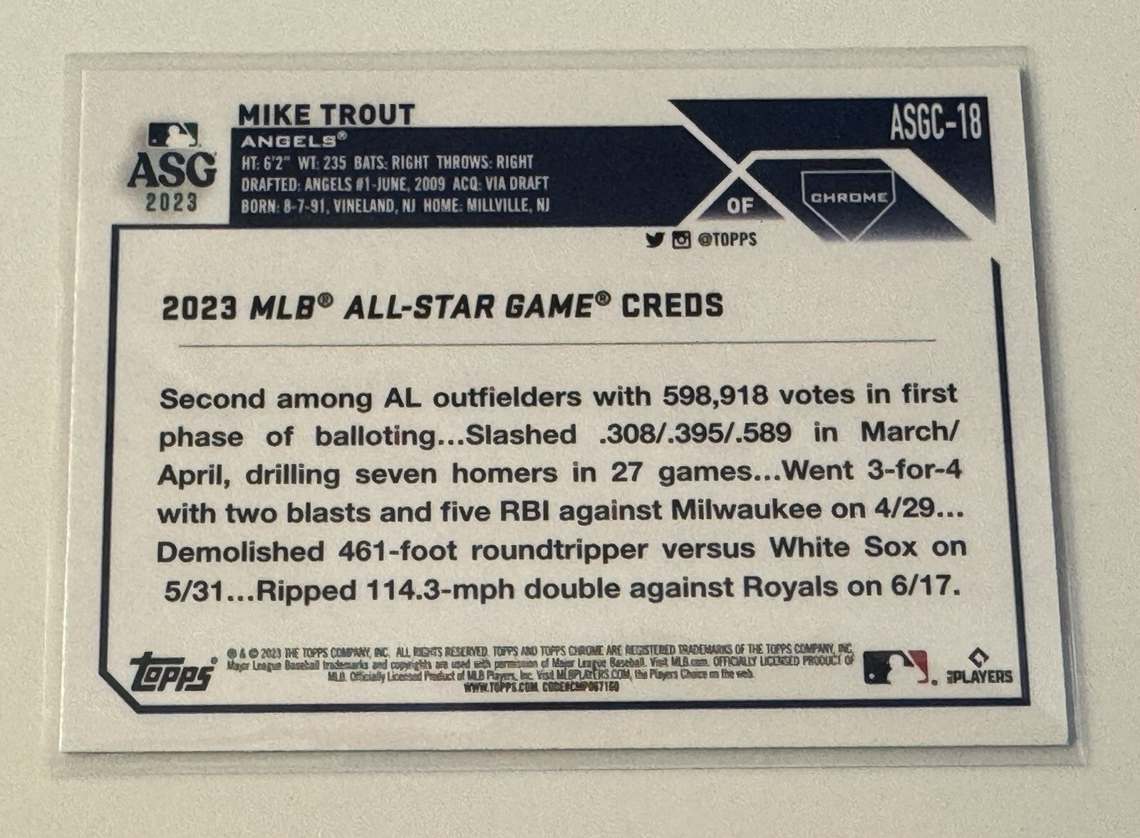 Mike Trout* 2023 Topps Chrome Update 2023 All-Star Game Angels Refractor #ASGC18