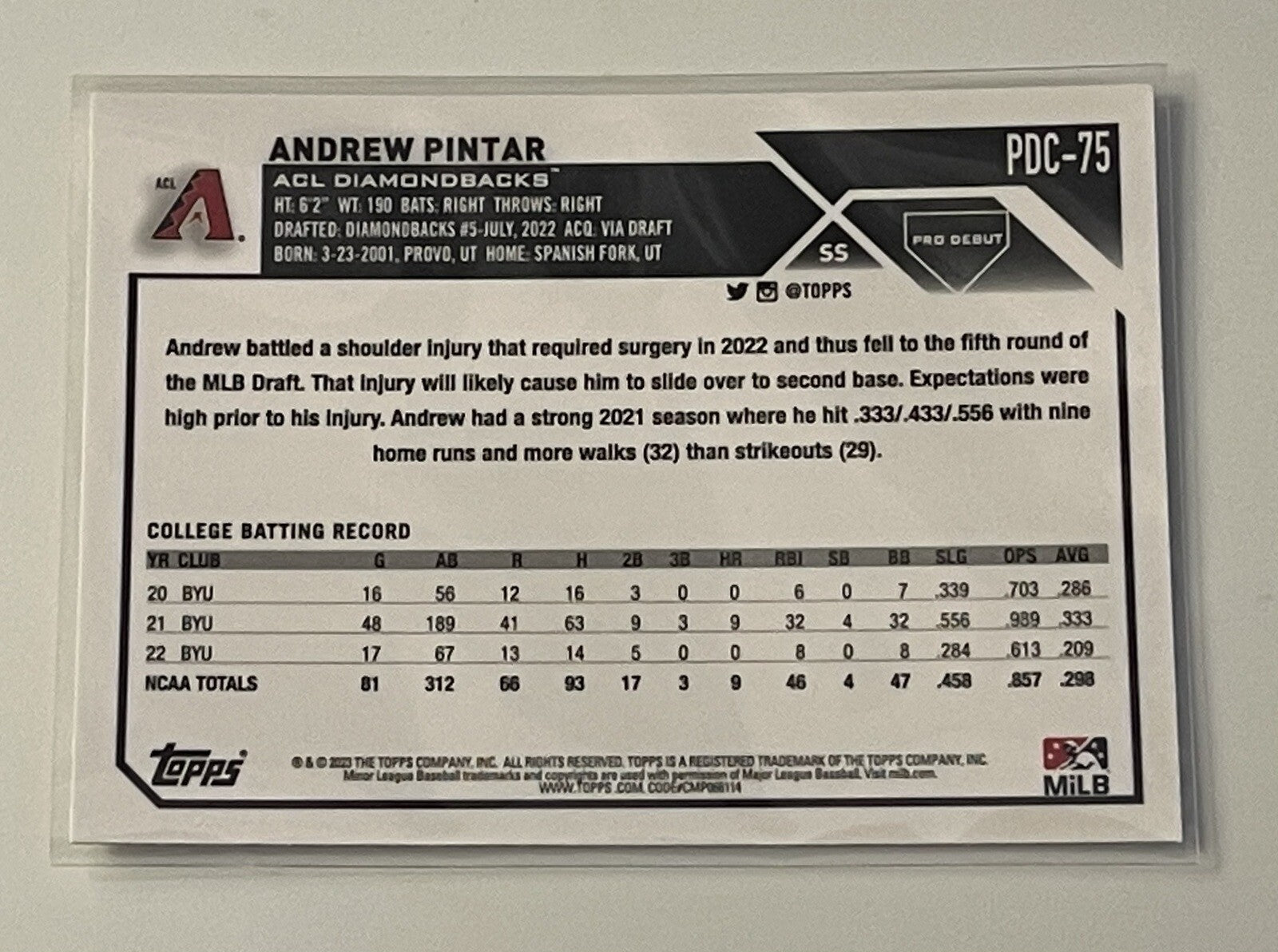 2023 Topps Pro Debut Chrome - Andrew Pintar RC #PDC-75 - MLB Rookie Diamondbacks