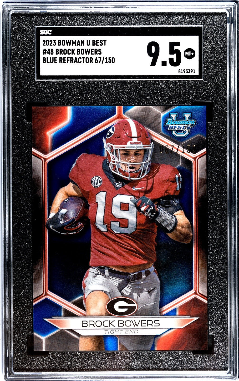 67/150 Brock Bowers RC 2023 BOWMAN’S BESt U RARE Refractor BLUE UGA Dogs SGC 9.5
