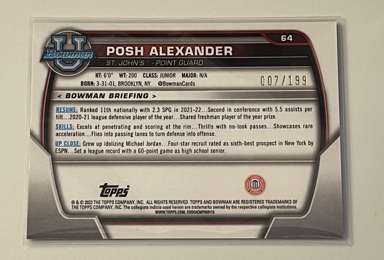 2022-23 Bowman University Chrome POSH ALEXANDER RC 7/199 -1st Purple Shimmer #64