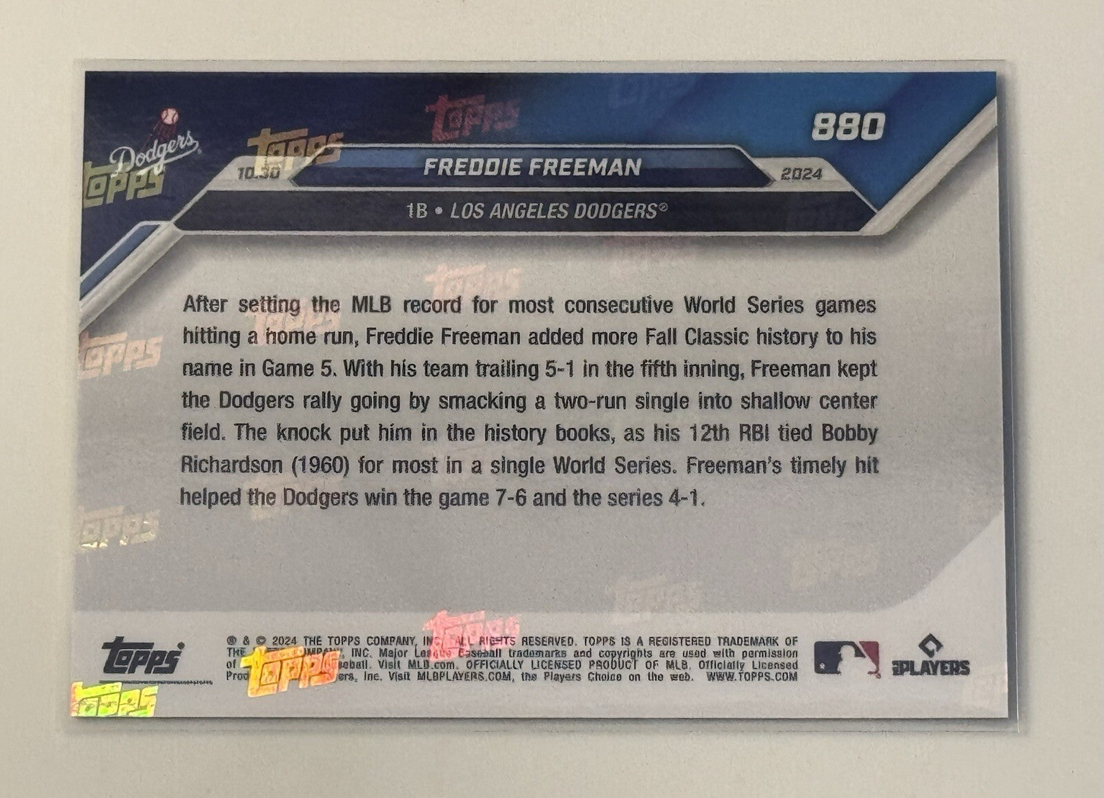 21/49 Freddie Freeman 12 RBIs 2024 MLB Topps NOW Dodgers World Series 880 READY!