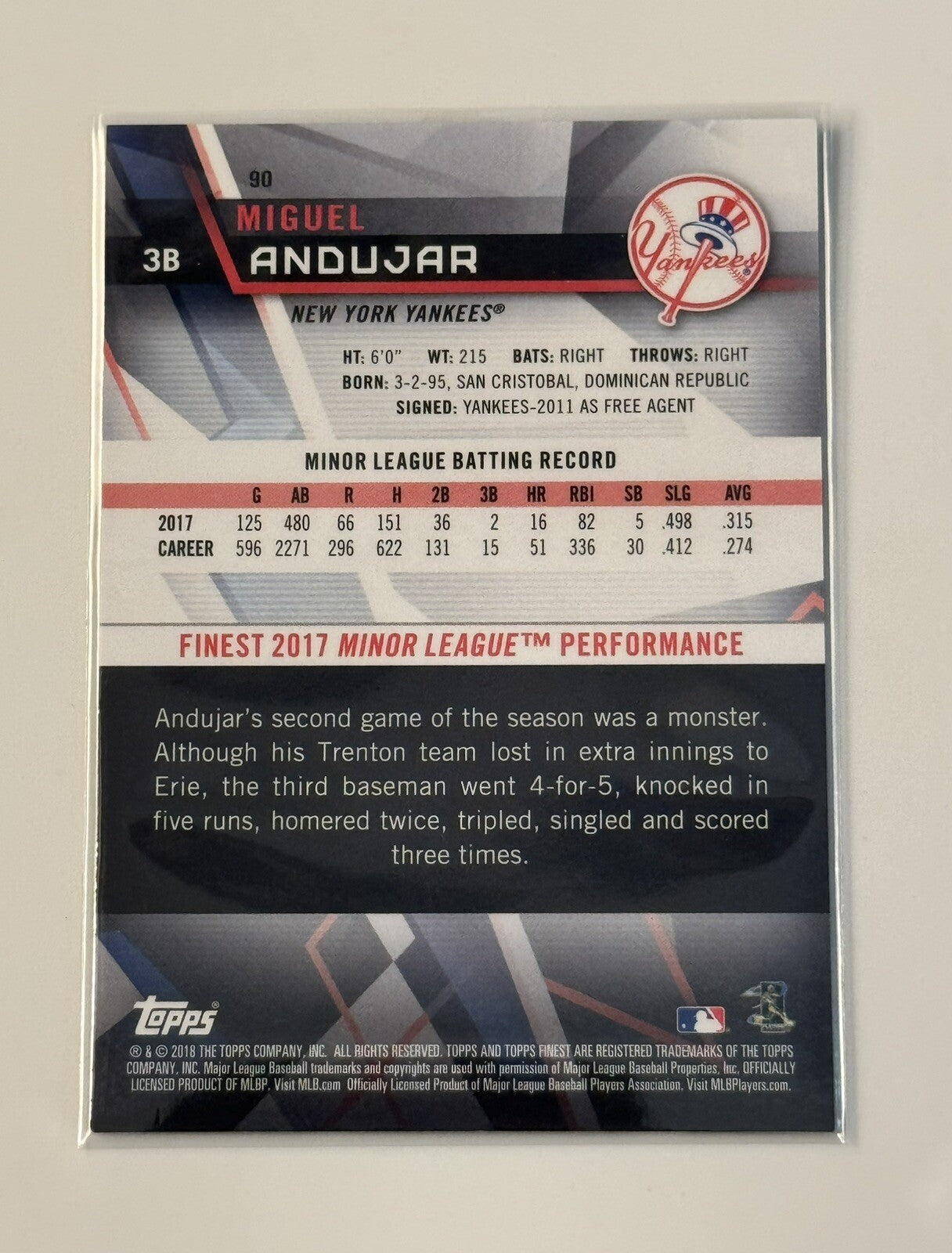 76/250 Miguel Andujar Rookie Card #90 2018 Topps Finest Refractor RC MLB Yankees