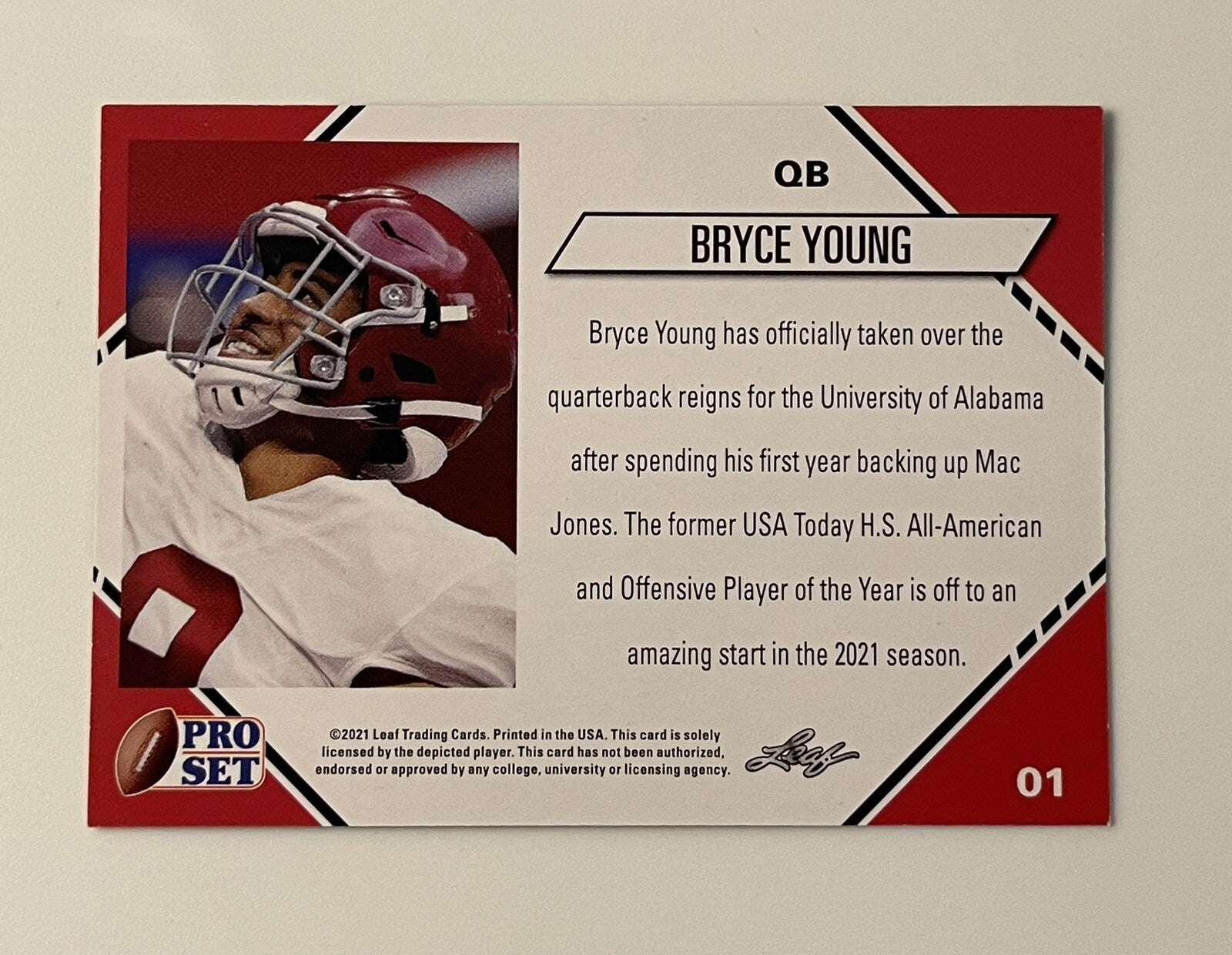 2021 Leaf Pro Set Bryce Young RC NCAA Alabama/NFL Panthers 2023 - NFL 1st ROUND*