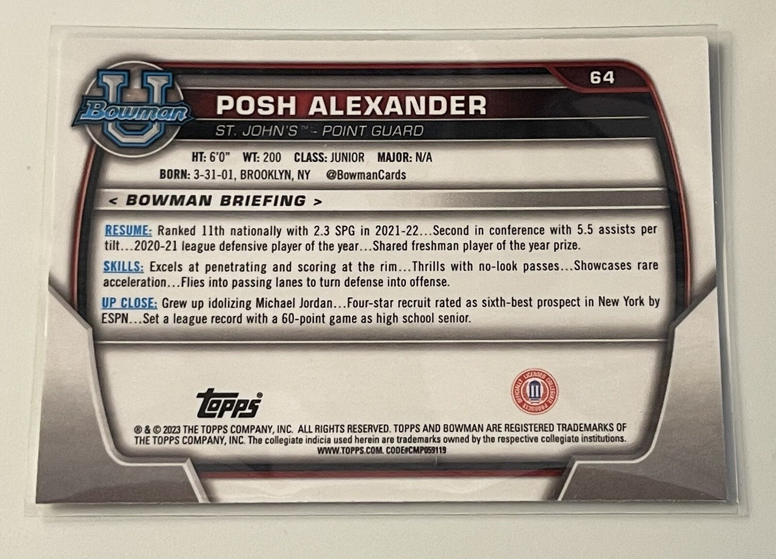 2022-23 Bowman University Chrome POSH ALEXANDER RC 1st Bowman #64 - NC Tar Heels