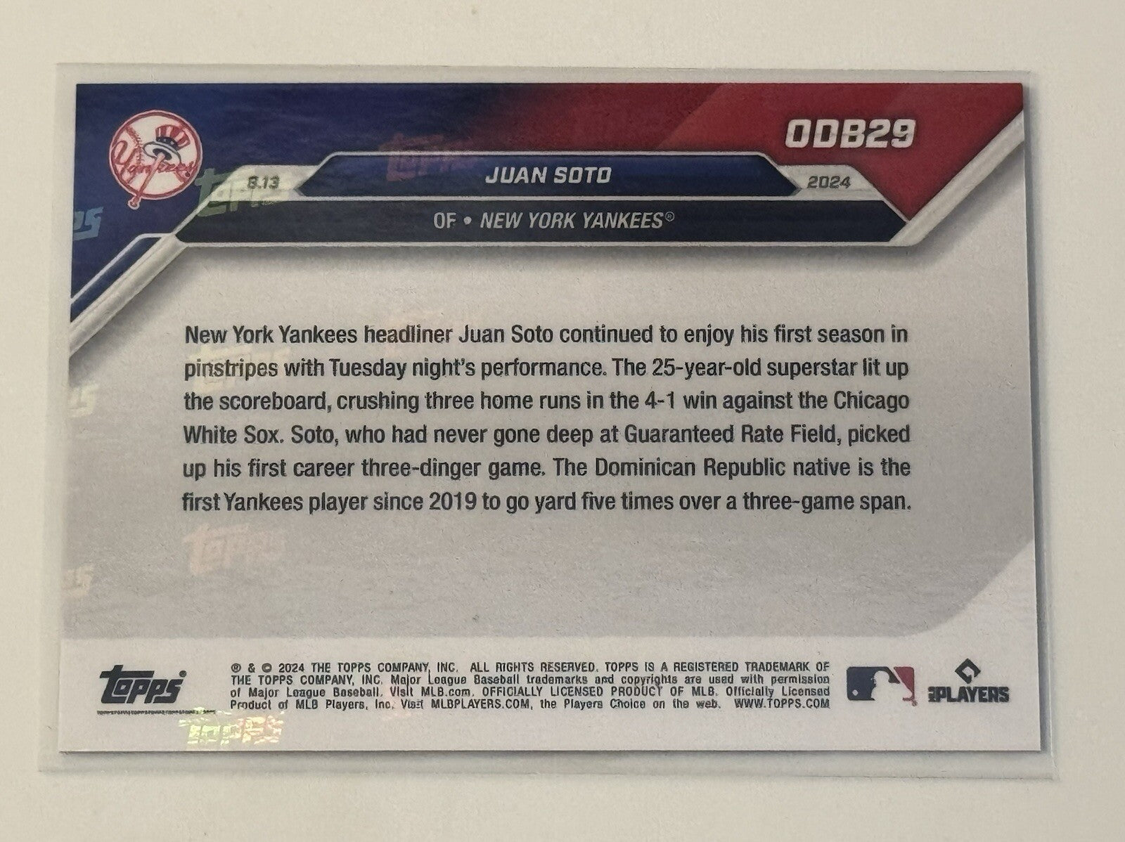 Juan Soto GOLD* BONUS 2024 MLB TOPPS NOW Card #ODB29 3 Home Run GAME NY Yankees*