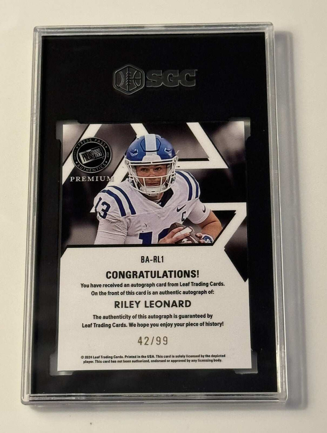 42/99 Riley Leonard 2024 Leaf Press Pass Premium Purple Rookie Auto trading card SGC 9-grade football card with autograph