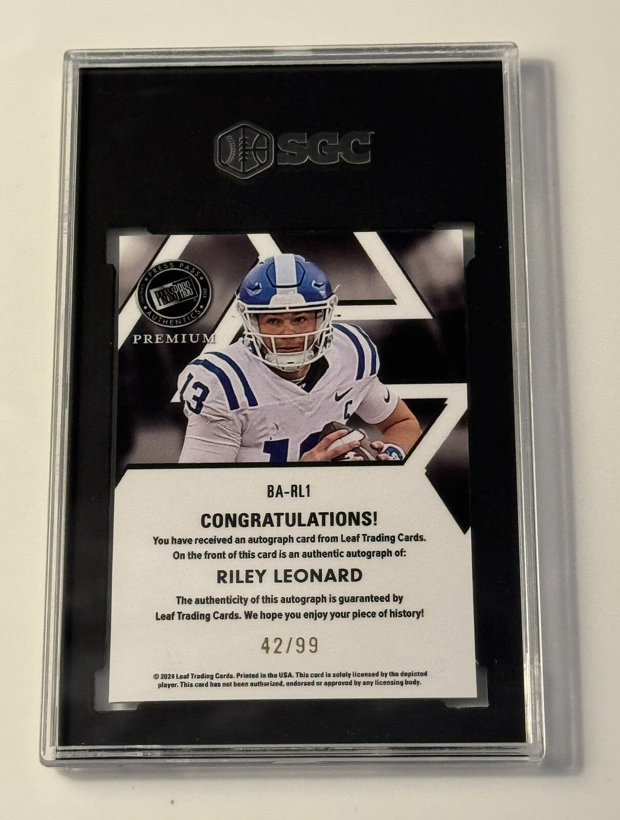 42/99 Riley Leonard RC Auto - 2024 LEAF PRESS PASS PREMIUM PURPLE ROOKIE - SGC 9