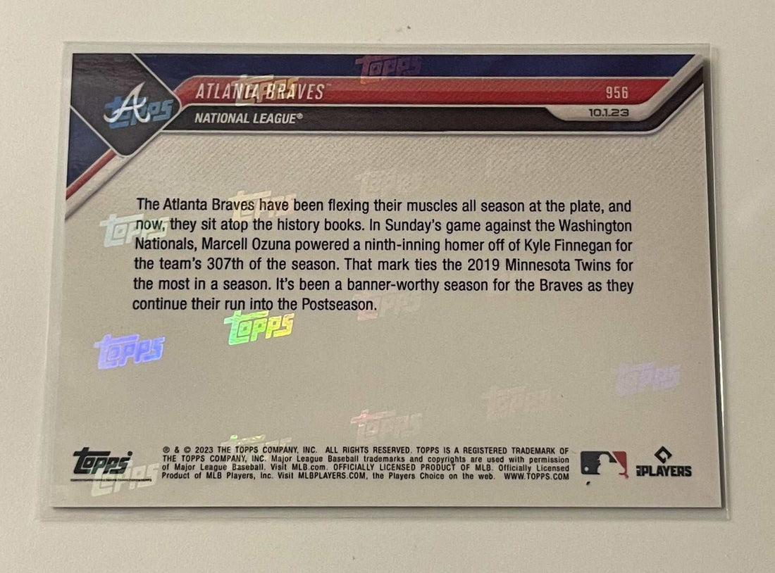2023 Atlanta Braves TOPPS NOW card celebrates team tying MLB home run record with players Ozuna and teammate hugging