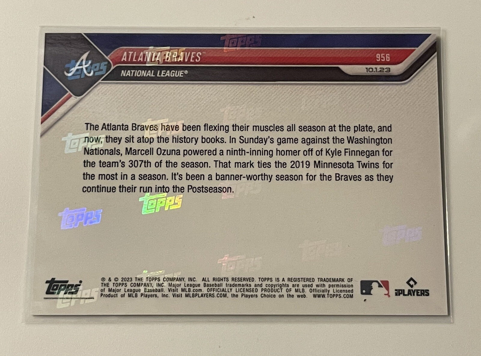 Atlanta Braves Ties HR Record 2023 MLB Atlanta Braves TOPPS NOW 306 HR Card 956