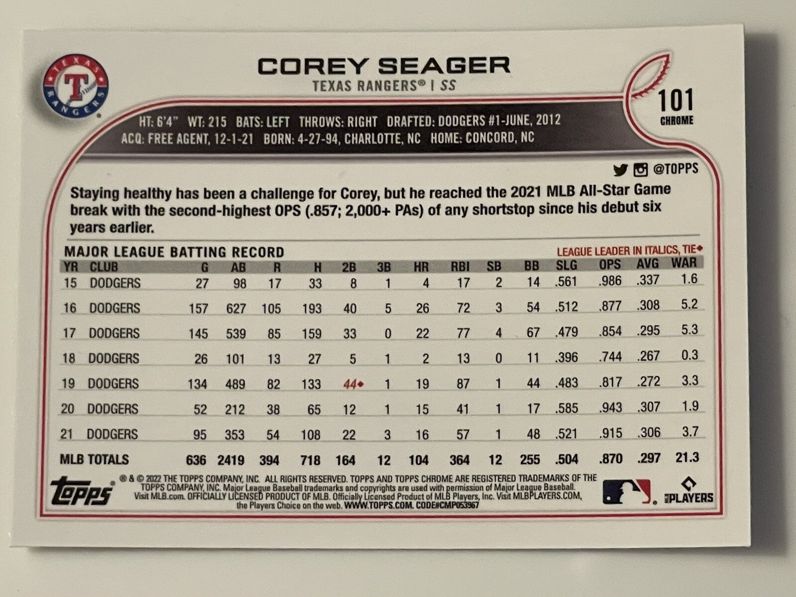 2022 Topps Chrome Corey Seager - Negative Refractor #101 - MLB LA Dodgers/Texans