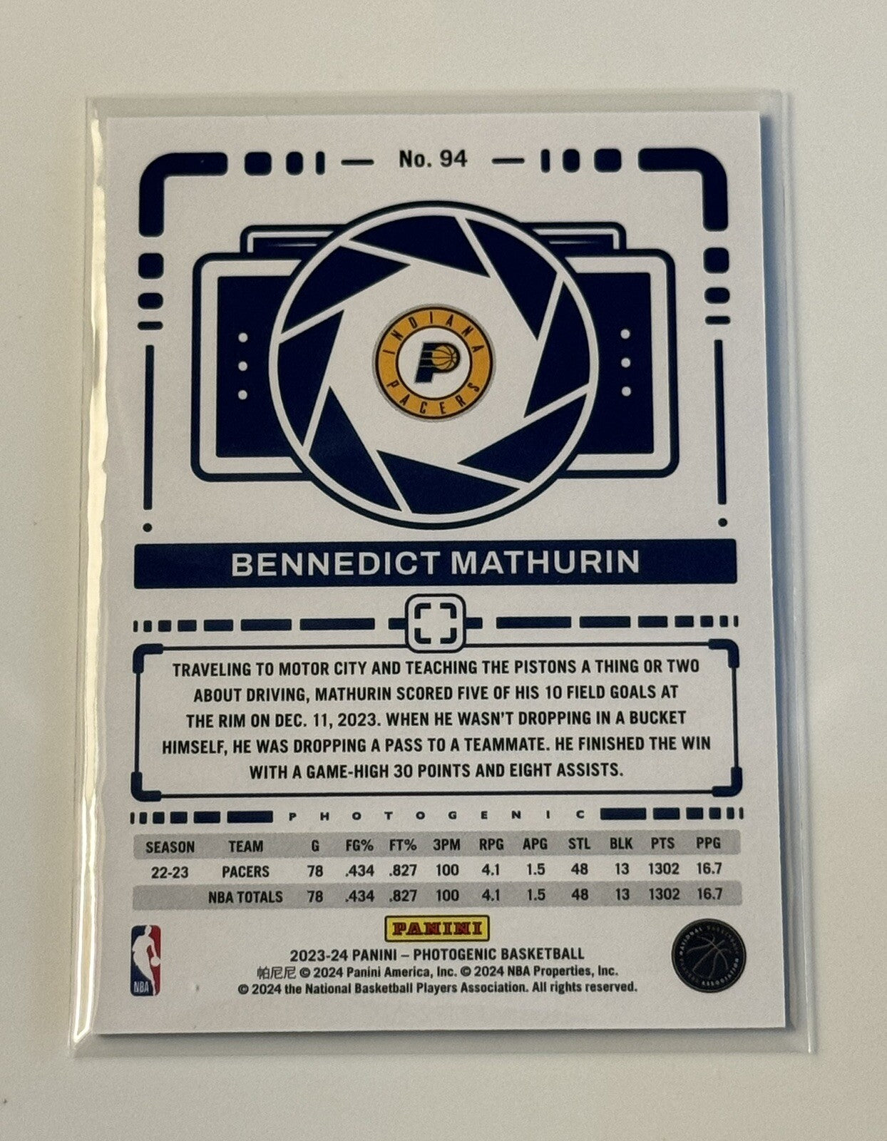 Bennedict Mathurin* 2023-24 Panini PhotoGenic NBA Indiana Pacers Basketball #94*
