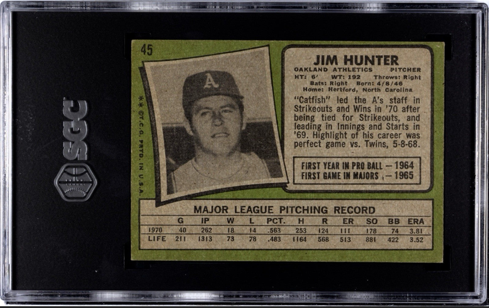 1971 Topps Baseball - Jim “CATFISH” Hunter MLB Athletics HOF* Card #45 - SGC 4.5