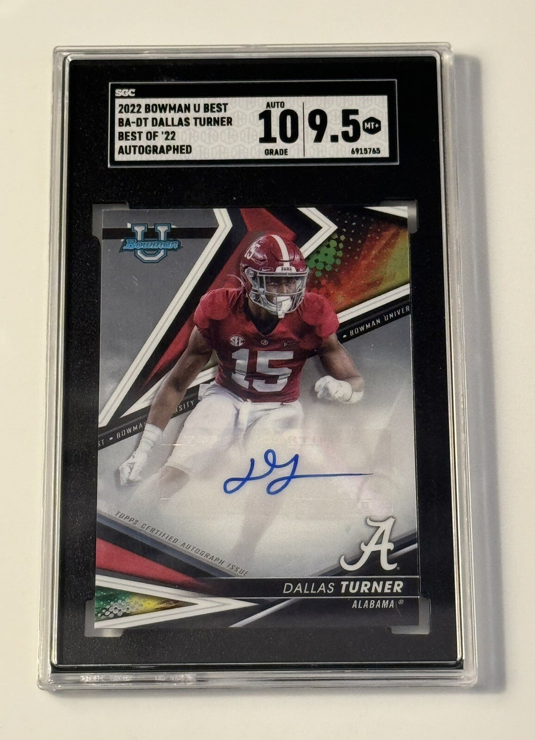 Dallas Turner RC* Autograph 2022 Bowman’s Best Alabama Crimson Tide Card SGC 9.5