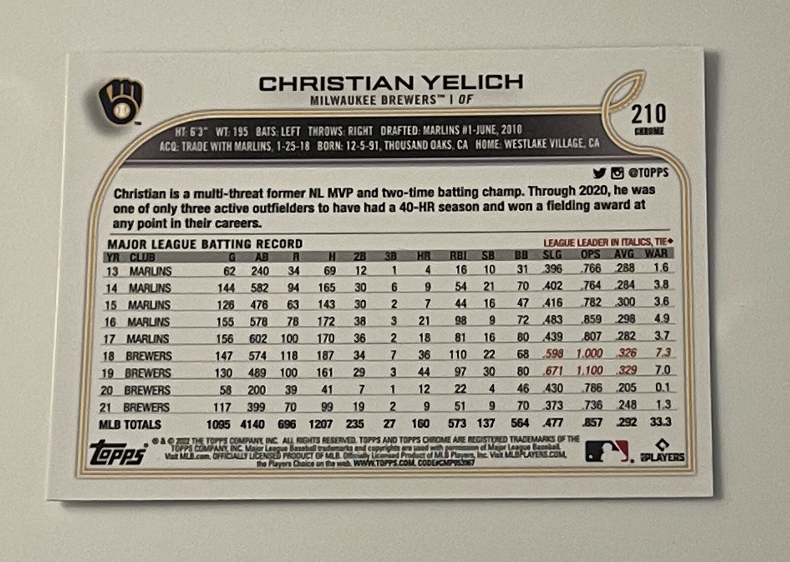 Christian Yelich  2022 Topps Chrome #210 Refractor MLB Milwaukee Brewers MINT!