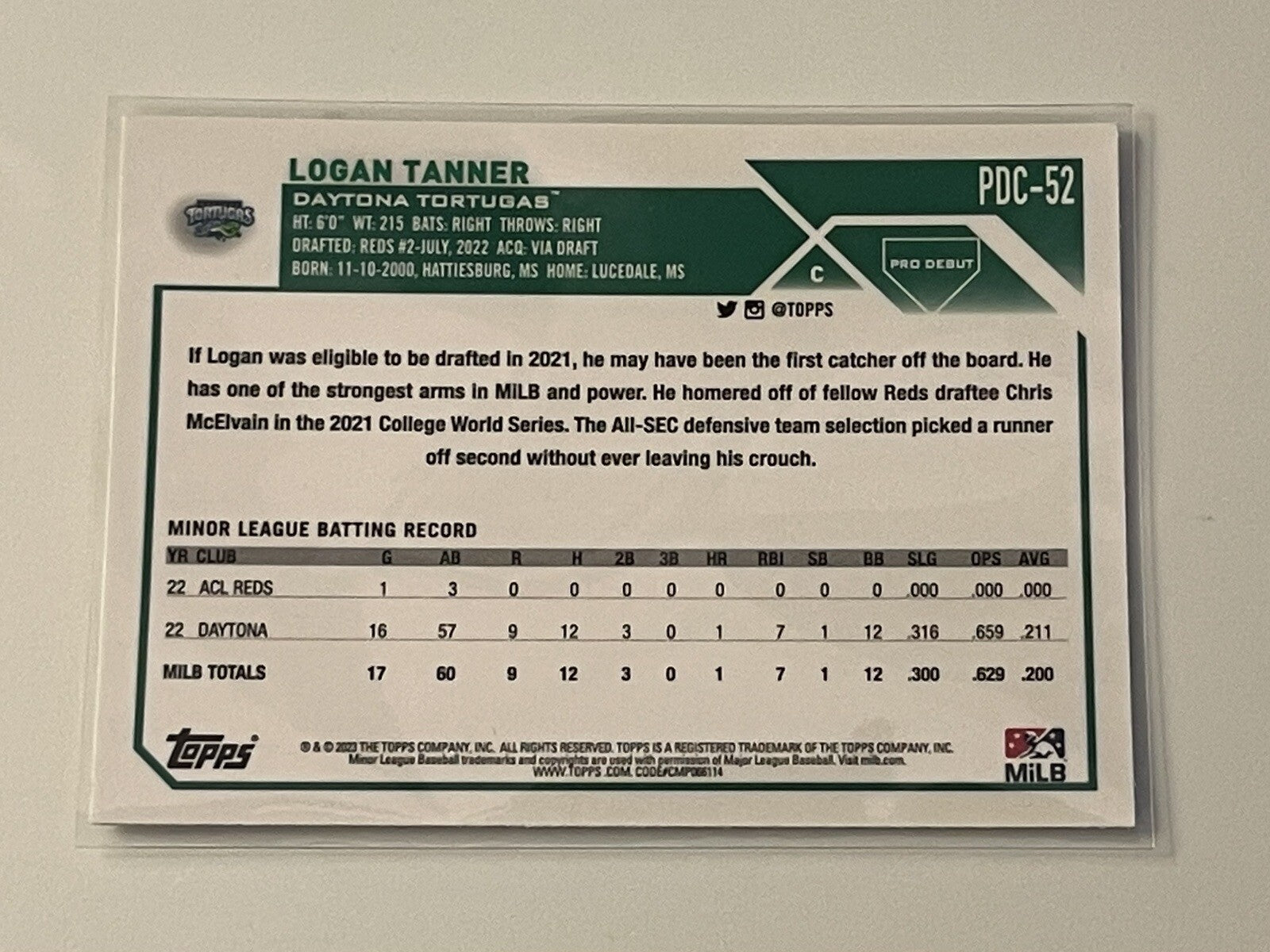 2023 Topps Pro Debut Chrome #PDC-52 Logan Tanner RC Daytona Tortugas Rookie Card