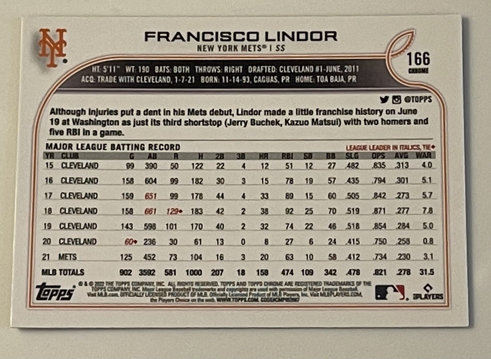 2022 Topps Chrome Francisco Lindor Refractor MLB New York Mets Baseball Card 166