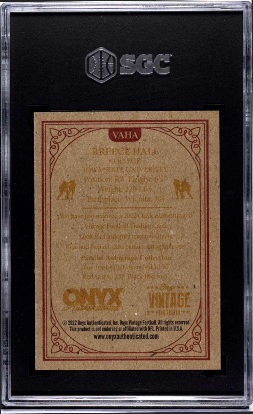 2022 Onyx Vintage Breece Hall autographed rookie football card graded 9.5 with red ink signature
