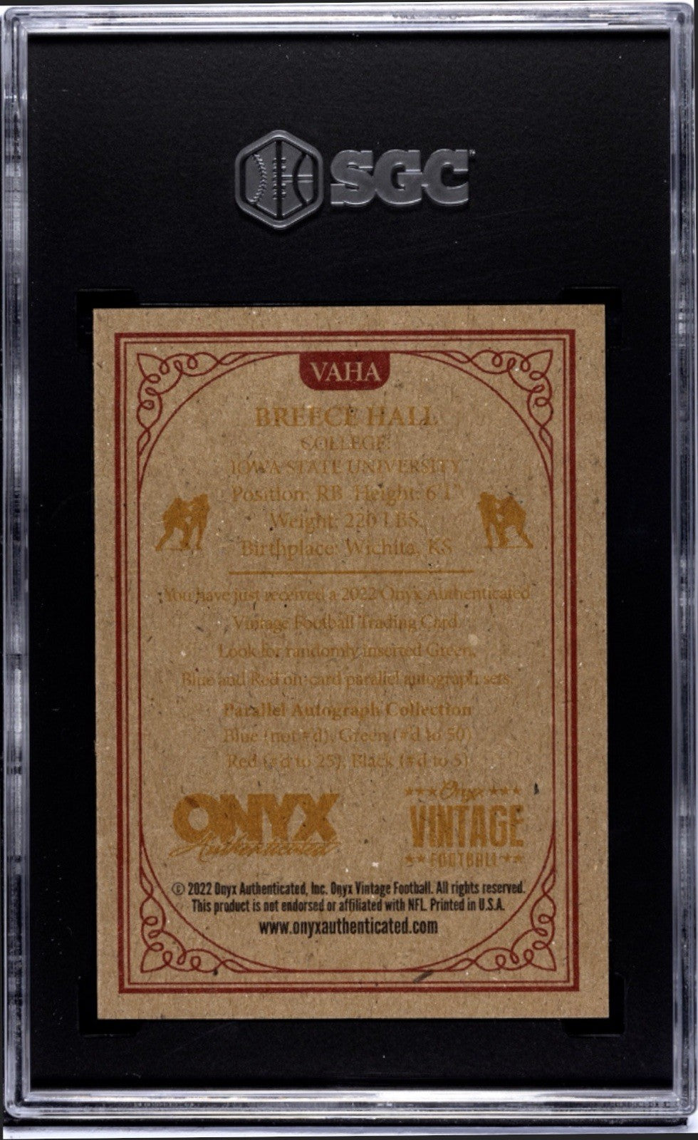 /25* 2022 Onyx Vintage Breece Hall On Card Red Ink Auto SP vAHA NFL Jets SGC 9.5